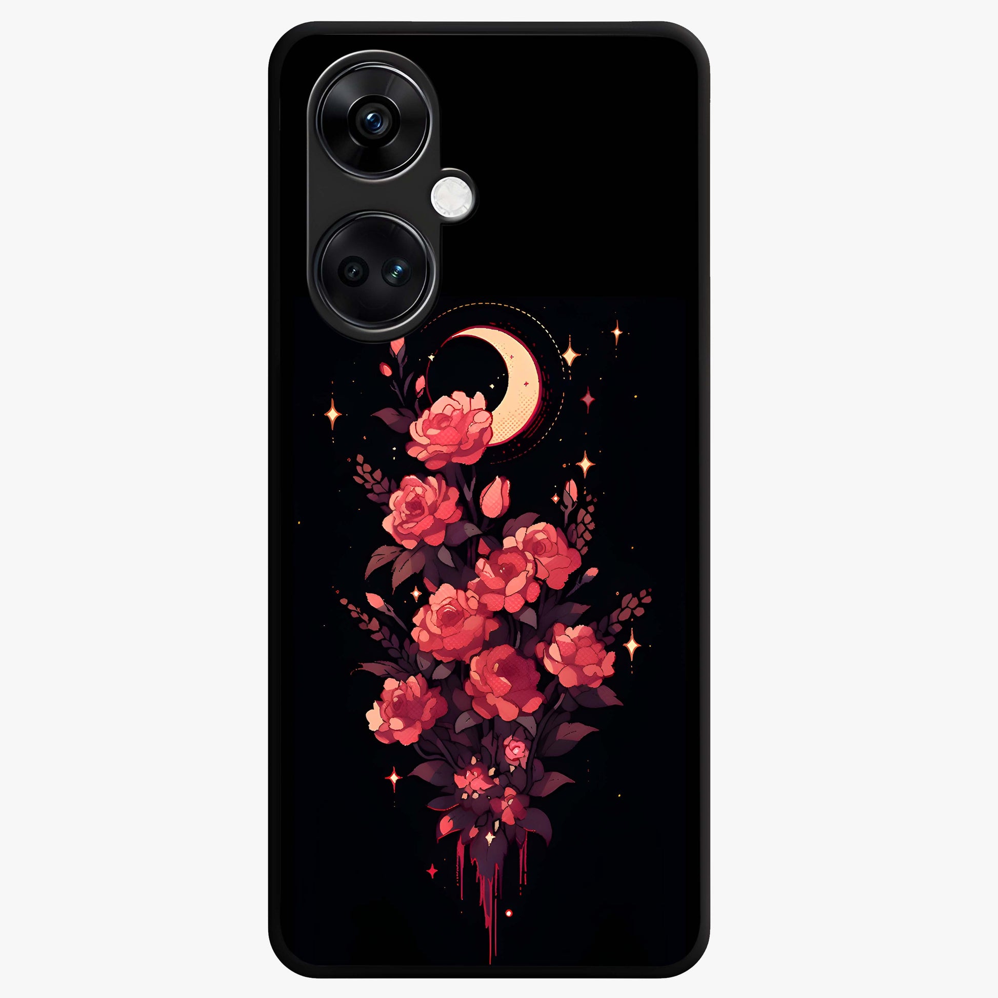 Moonlit Floral Elegance Glass Case for 1+Nord CE 3 graceful front view featuring sophisticated floral artwork on dark backdrop