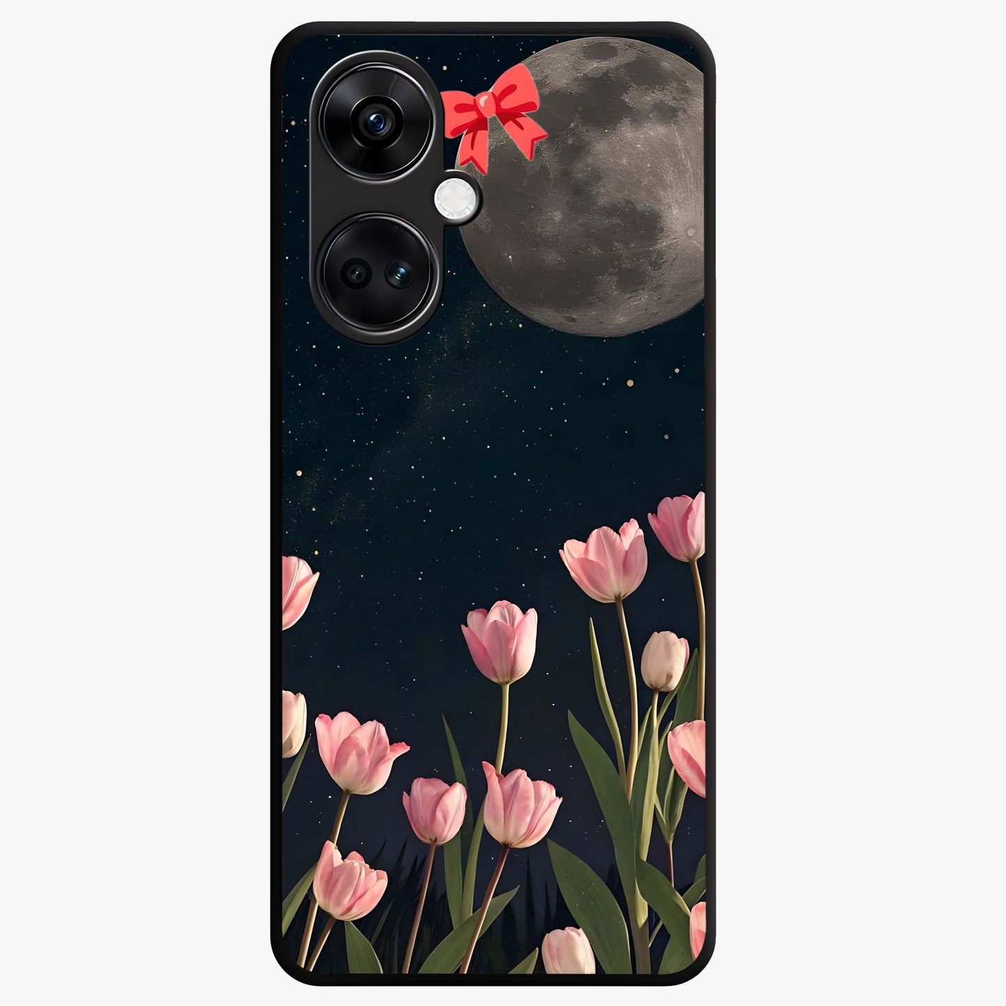 Moonlit Night Tulip Glass Case for 1+Nord CE 3 serene front view featuring tulip floral artwork in midnight tones