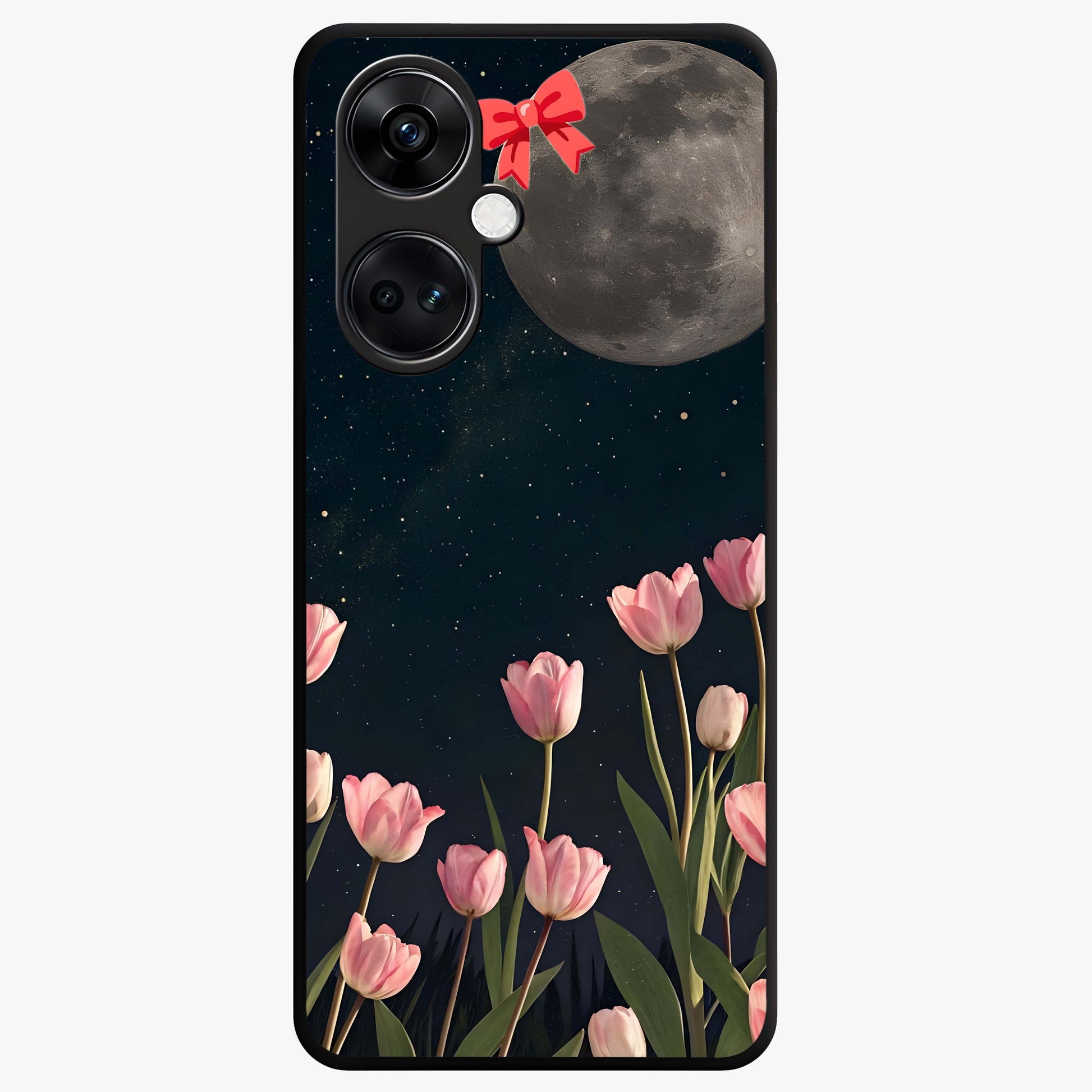 Moonlit Night Tulip Glass Case for 1+Nord CE 3 serene front view featuring tulip floral artwork in midnight tones