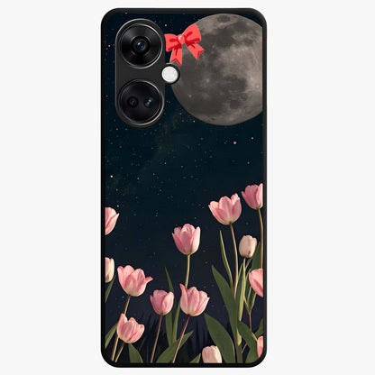 Moonlit Night Tulip Glass Case for 1+Nord CE 3 serene front view featuring tulip floral artwork in midnight tones