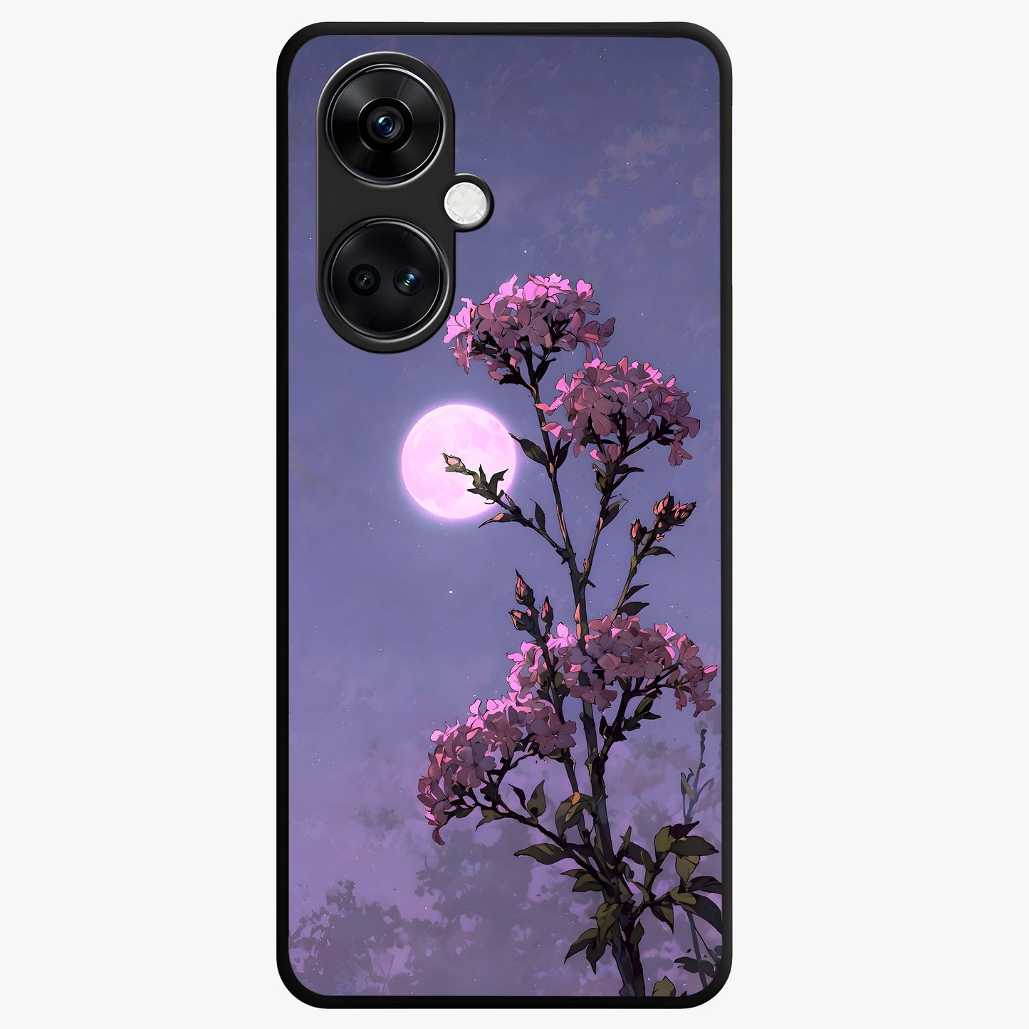 Moonlit Petal Night Glass Case for 1+Nord CE 3 elegant front view featuring floral artwork glowing in night tones