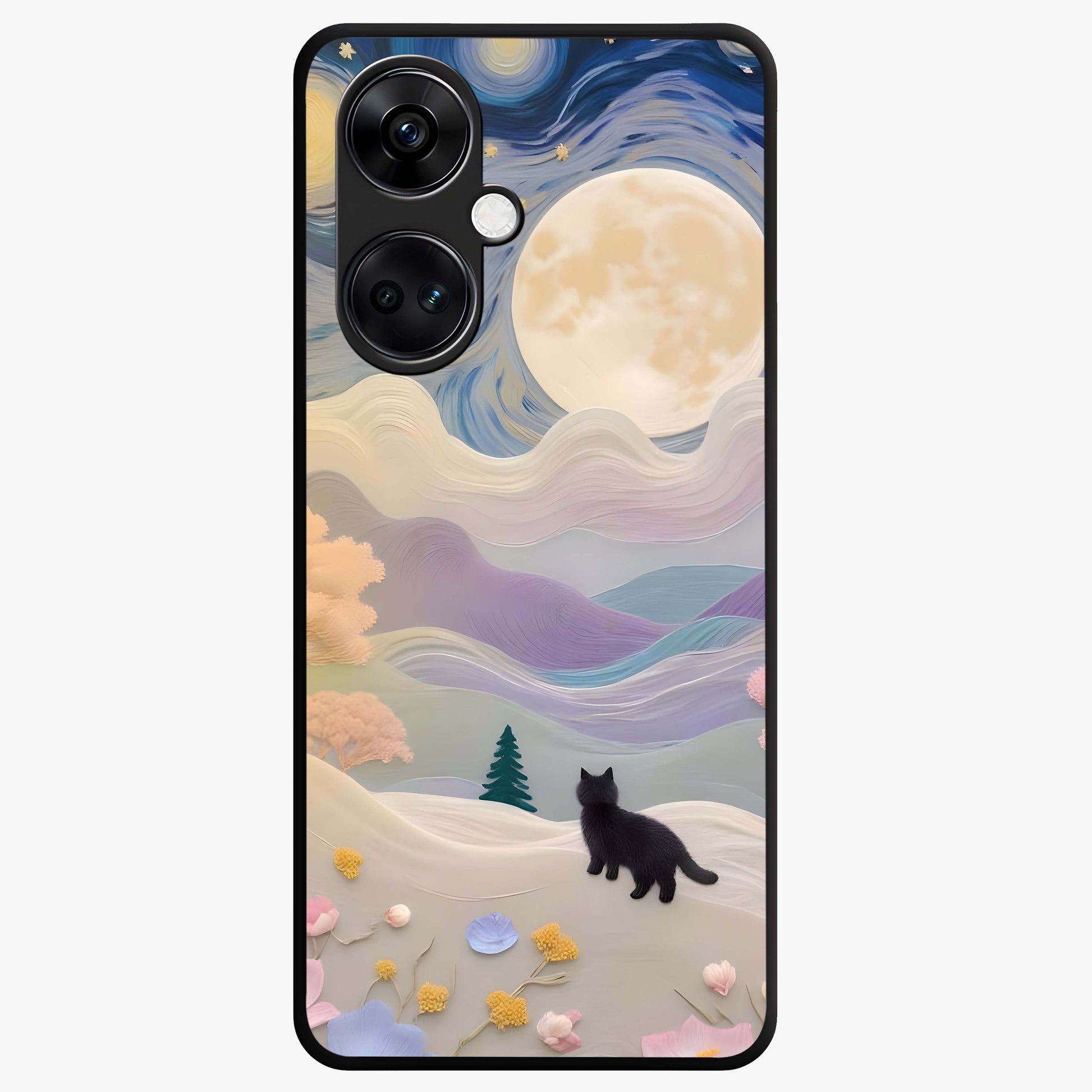 Moonlit Petal Path Glass Case for 1+Nord CE 3 artistic front view featuring floral pathway artwork under soft moonlight