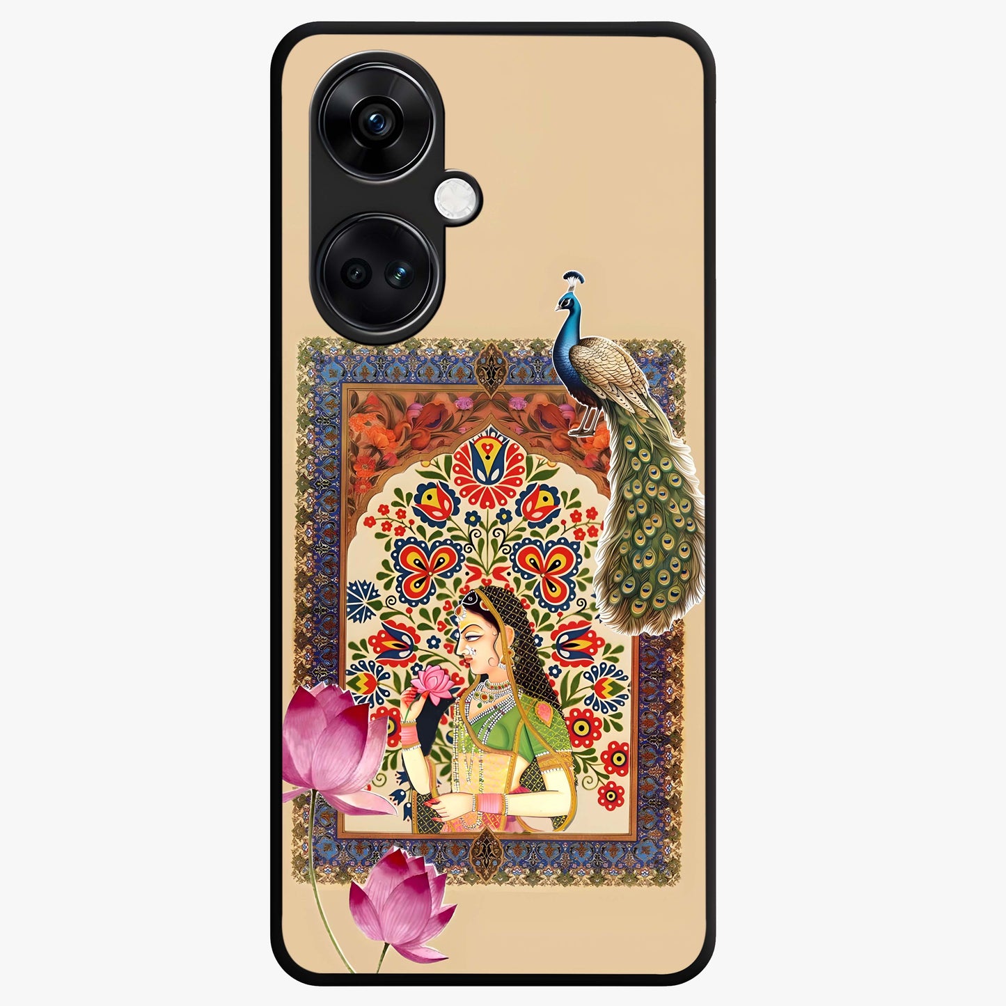 Mughal Princess and Peacock Glass Case for 1+Nord Ce 3 royal front view featuring intricate princess and peacock artwork