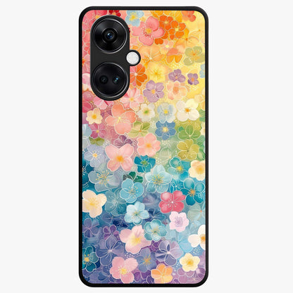 Multiple Background With Flower Glass Case for 1+Nord CE 3 vibrant front view featuring layered floral artwork on mixed backgrounds