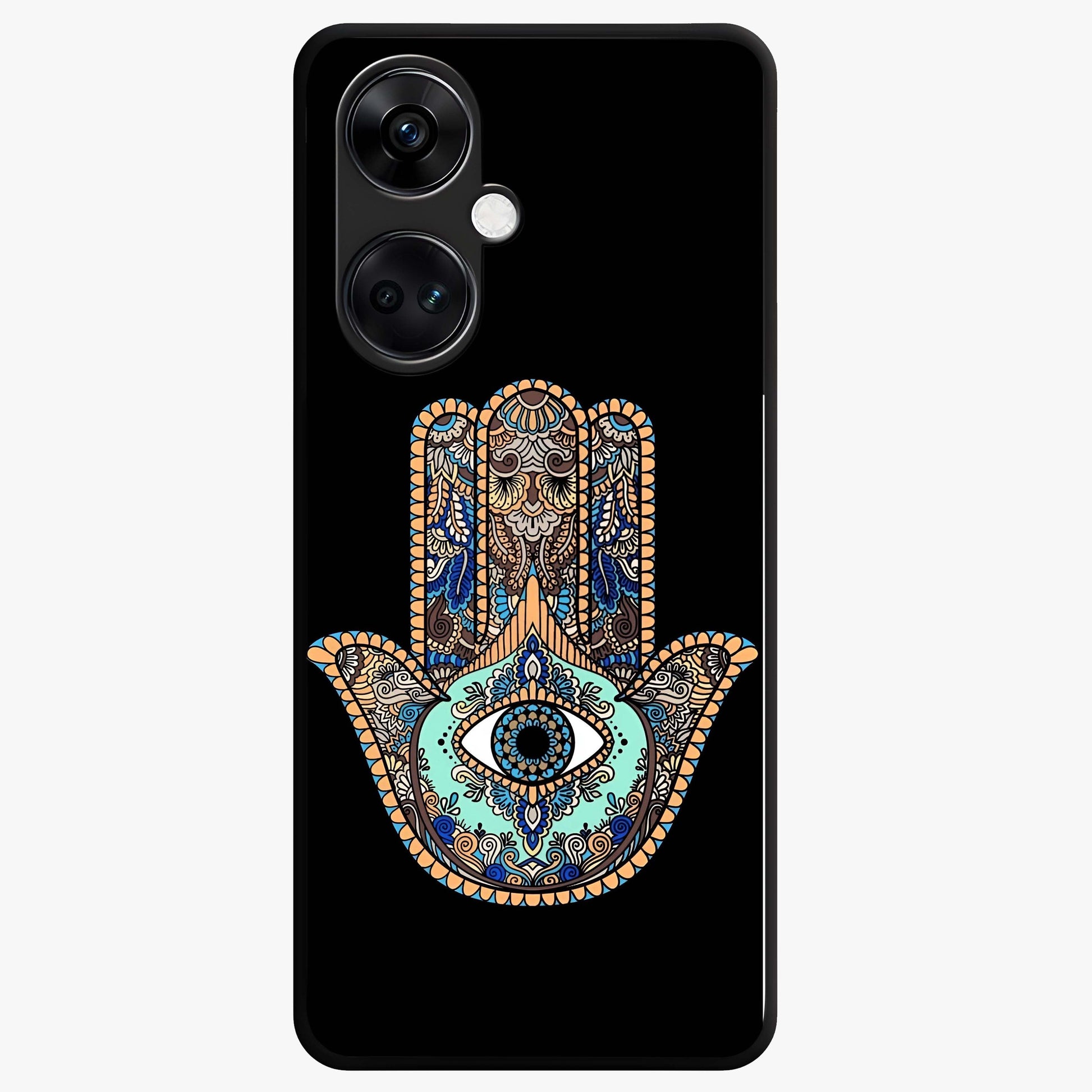 Mystic Hamsa Eye Glass Case for 1+Nord CE 3 symbolic front view featuring traditional hamsa eye artwork