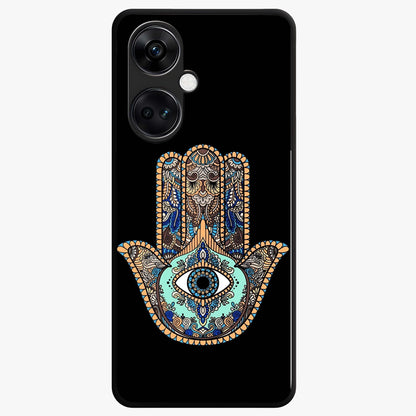 Mystic Hamsa Eye Glass Case for 1+Nord CE 3 symbolic front view featuring traditional hamsa eye artwork