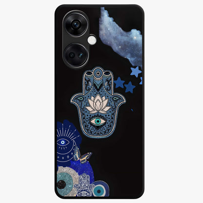 Mystic Hand Aura Glass Case for 1+Nord Ce 3 artistic front view featuring hand symbol artwork with glowing aura tones