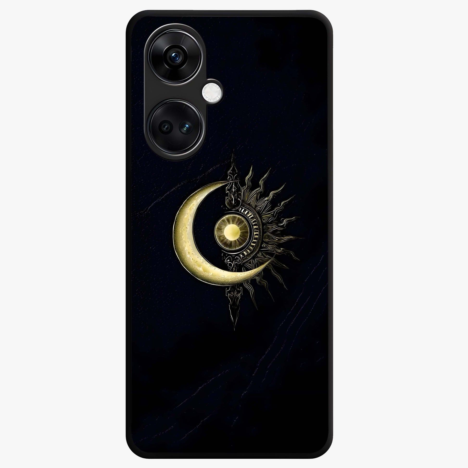 Mystic Lunar Flame Glass Case for 1+Nord CE 3 striking front view featuring moon and flame inspired artwork