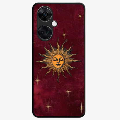 Mystic Solar Glow Glass Case for 1+Nord Ce 3 radiant front view featuring glowing sun inspired mystical artwork