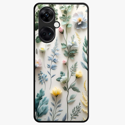 Pastel Garden Whispers Glass Case for 1+Nord Ce 3 soft front view featuring delicate pastel floral artwork