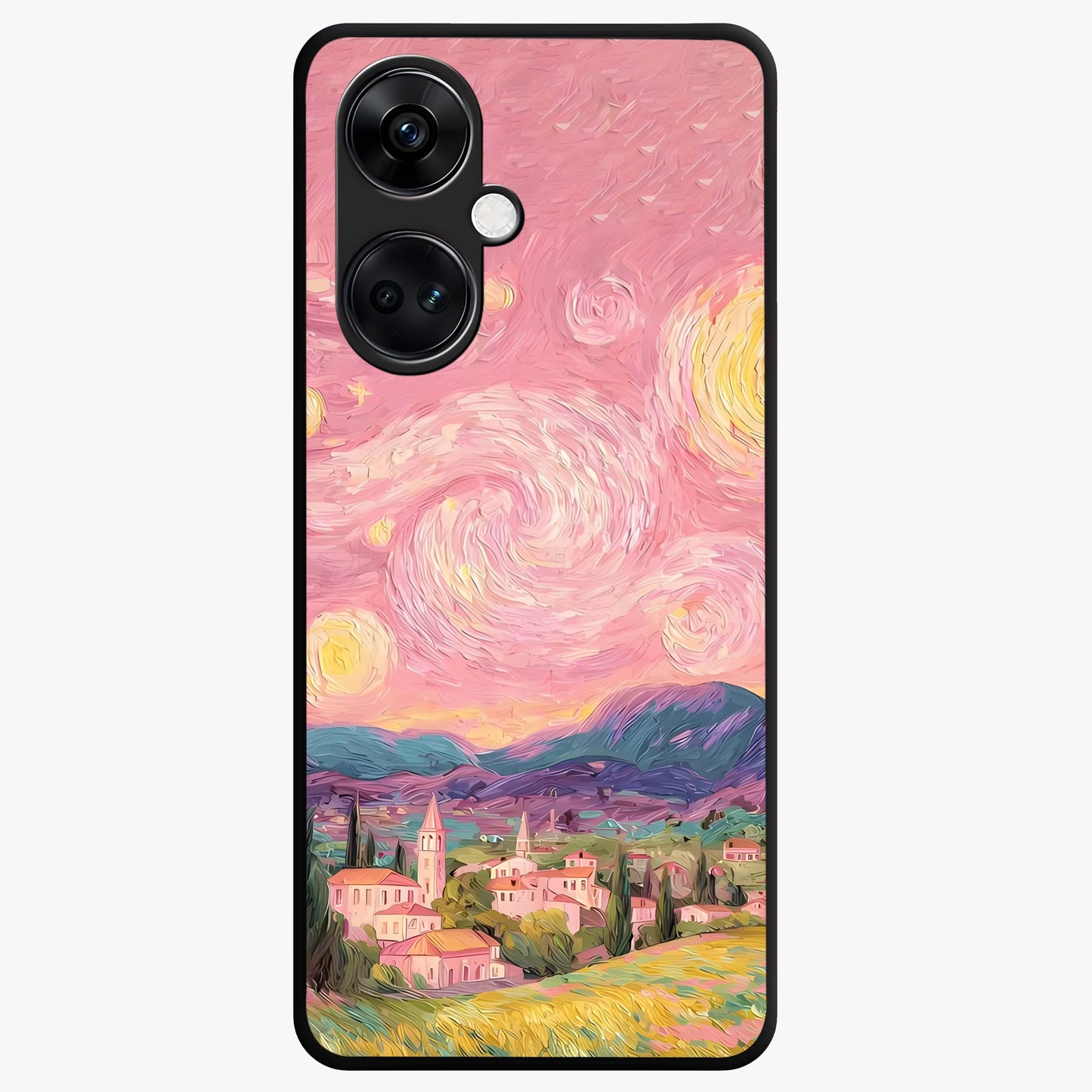 Pastel Starry Village Glass Case for 1+Nord Ce 3 dreamy front view featuring village artwork under pastel night sky