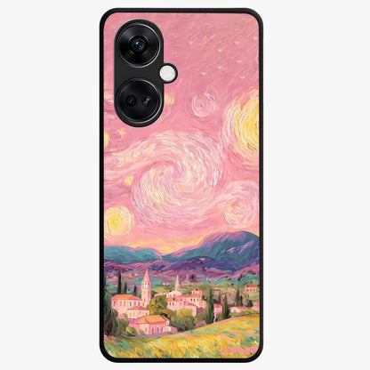 Pastel Starry Village Glass Case for 1+Nord Ce 3 dreamy front view featuring village artwork under pastel night sky