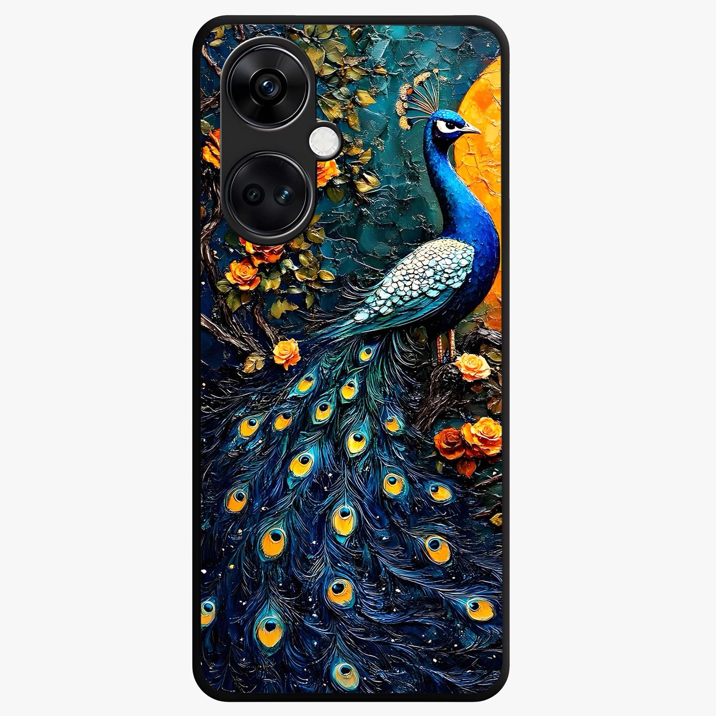 Peacock With Yellow Moon Glass Case for 1+Nord CE 3 striking front view featuring peacock artwork under glowing yellow moon