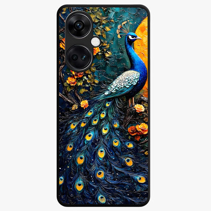 Peacock With Yellow Moon Glass Case for 1+Nord CE 3 striking front view featuring peacock artwork under glowing yellow moon