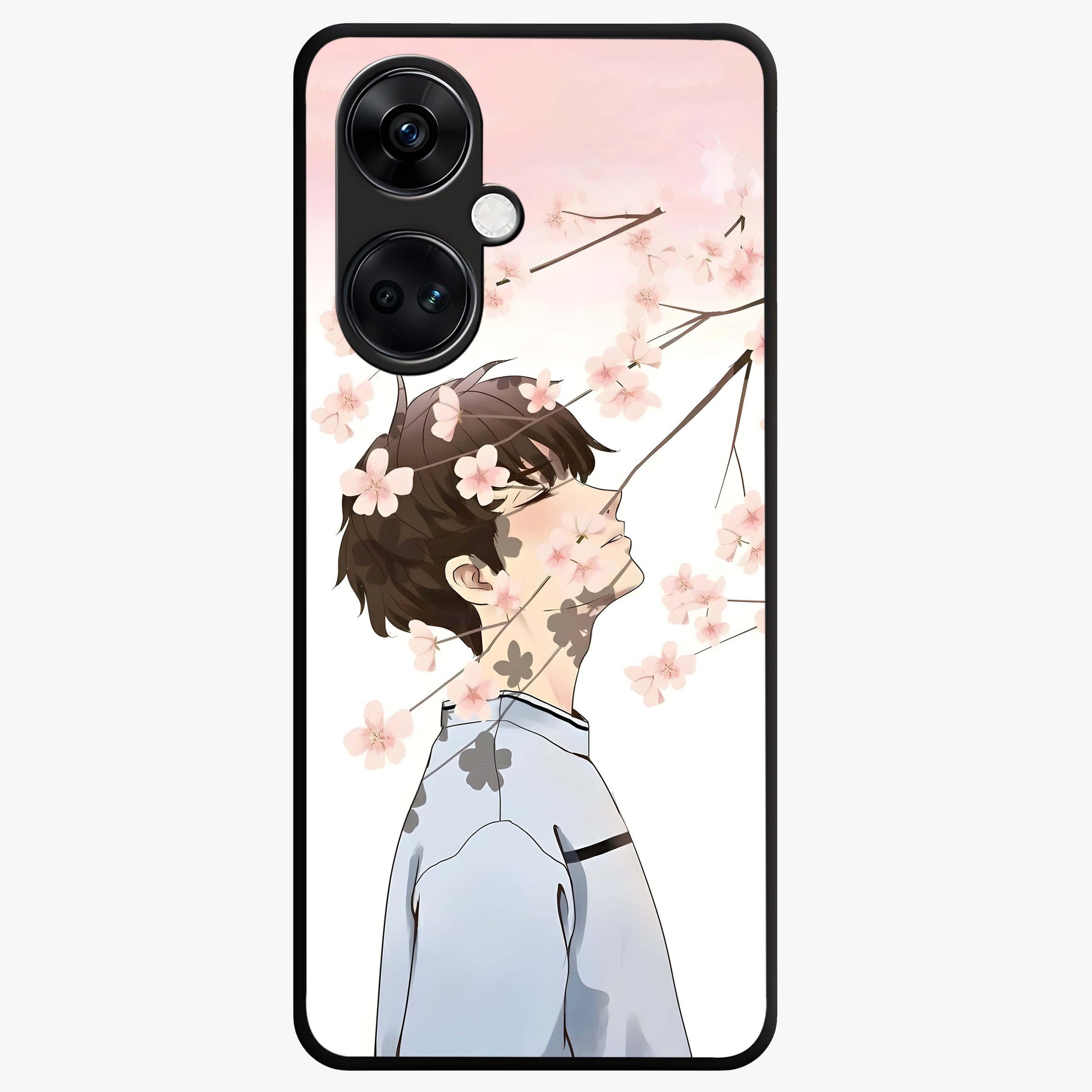 Pink Blossom Boy Glass Case for 1+Nord CE 3 aesthetic front view featuring illustrated character with pink floral accents