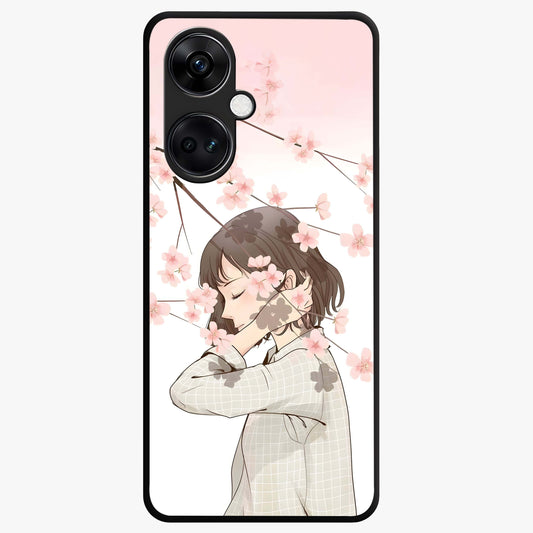 Pink Blossom Girl Glass Case for 1+Nord Ce 3 charming front view featuring illustrated girl with pink blossom artwork