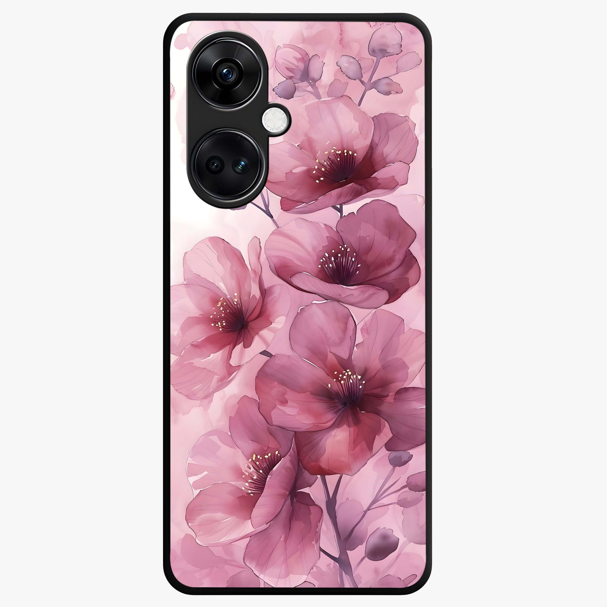 Pink Floral Glass Case for 1+Nord CE 3 elegant front view featuring soft pink flower artwork