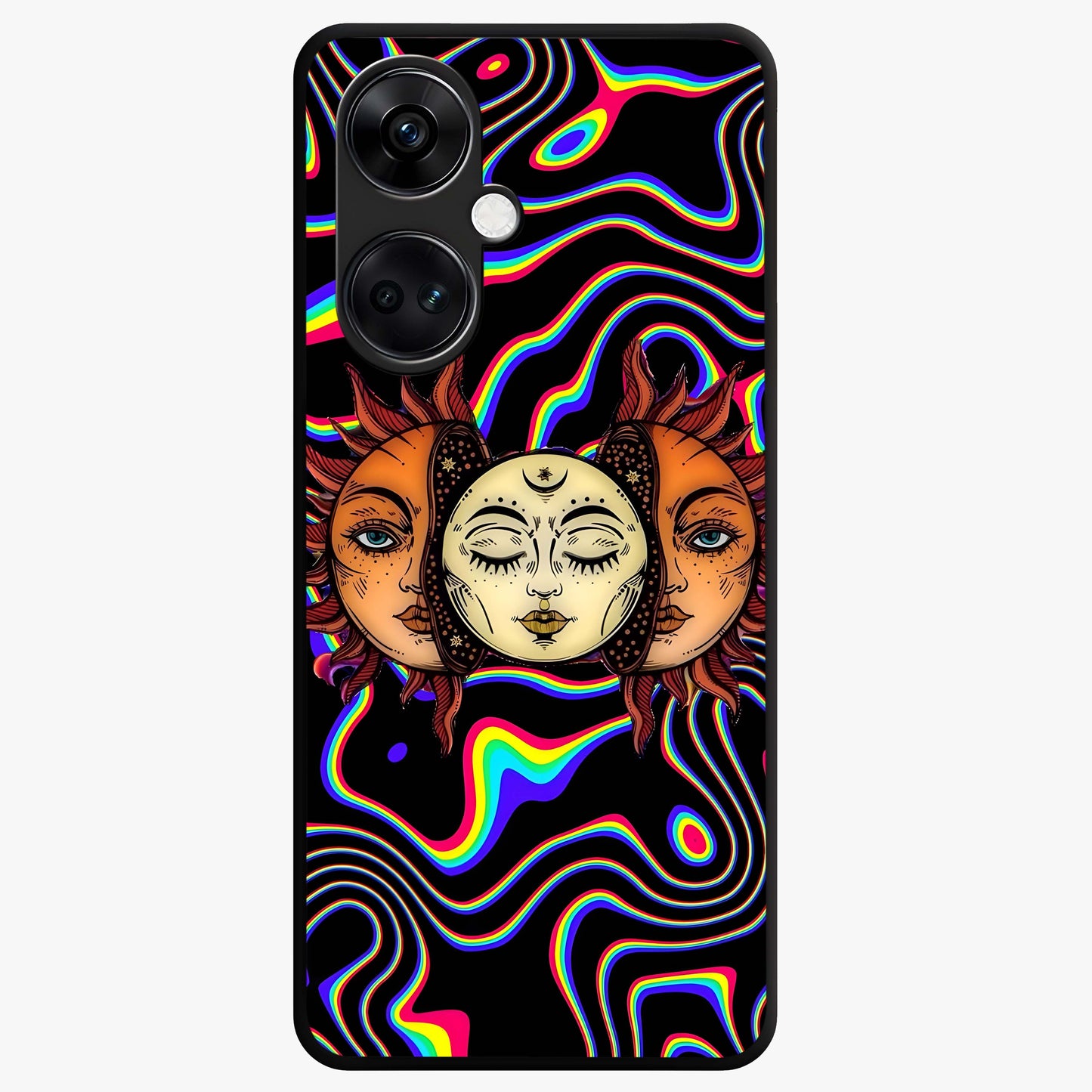 Psychedelic Sun Glass Case for 1+Nord CE 3 artistic front view featuring vibrant sun artwork in psychedelic colors