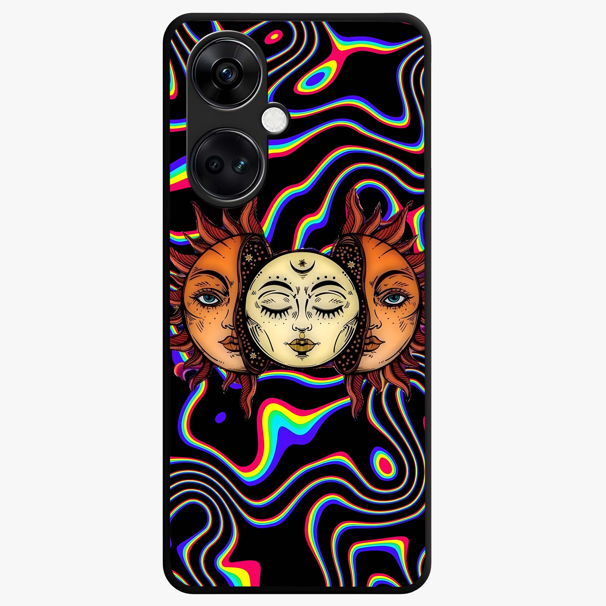 Psychedelic Sun Glass Case for 1+Nord CE 3 artistic front view featuring vibrant sun artwork in psychedelic colors