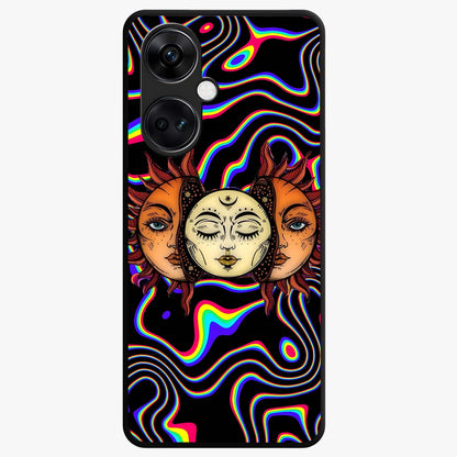 Psychedelic Sun Glass Case for 1+Nord CE 3 artistic front view featuring vibrant sun artwork in psychedelic colors