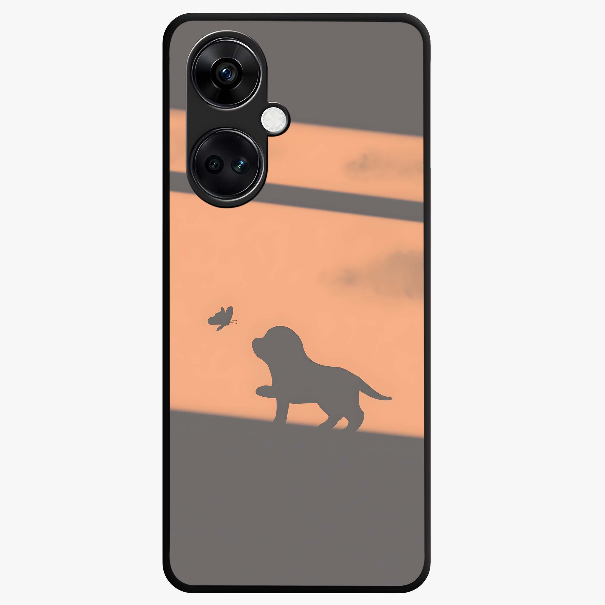 Puppy Shadow Art Glass Case for 1+Nord CE 3 charming front view featuring artistic puppy silhouette artwork