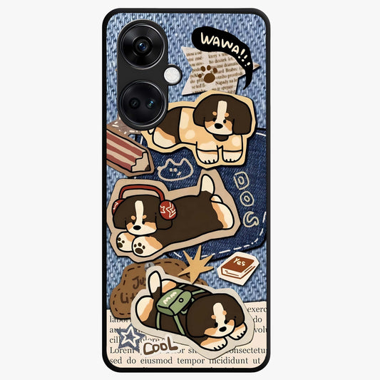 Puppy Sticker Parade Glass Case for 1+Nord Ce 3 playful front view featuring multiple puppy sticker style artwork