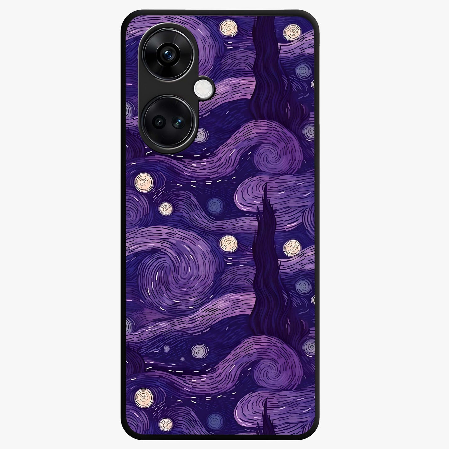 Purple Swirls Glass Case for 1+Nord Ce 3 artistic front view featuring flowing swirl artwork in rich purple tones