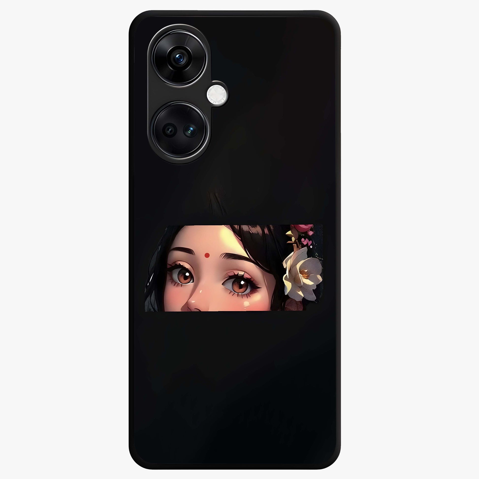 Radha Divine Embrace Glass Case for 1+Nord Ce 3 devotional front view featuring graceful Radha inspired artwork