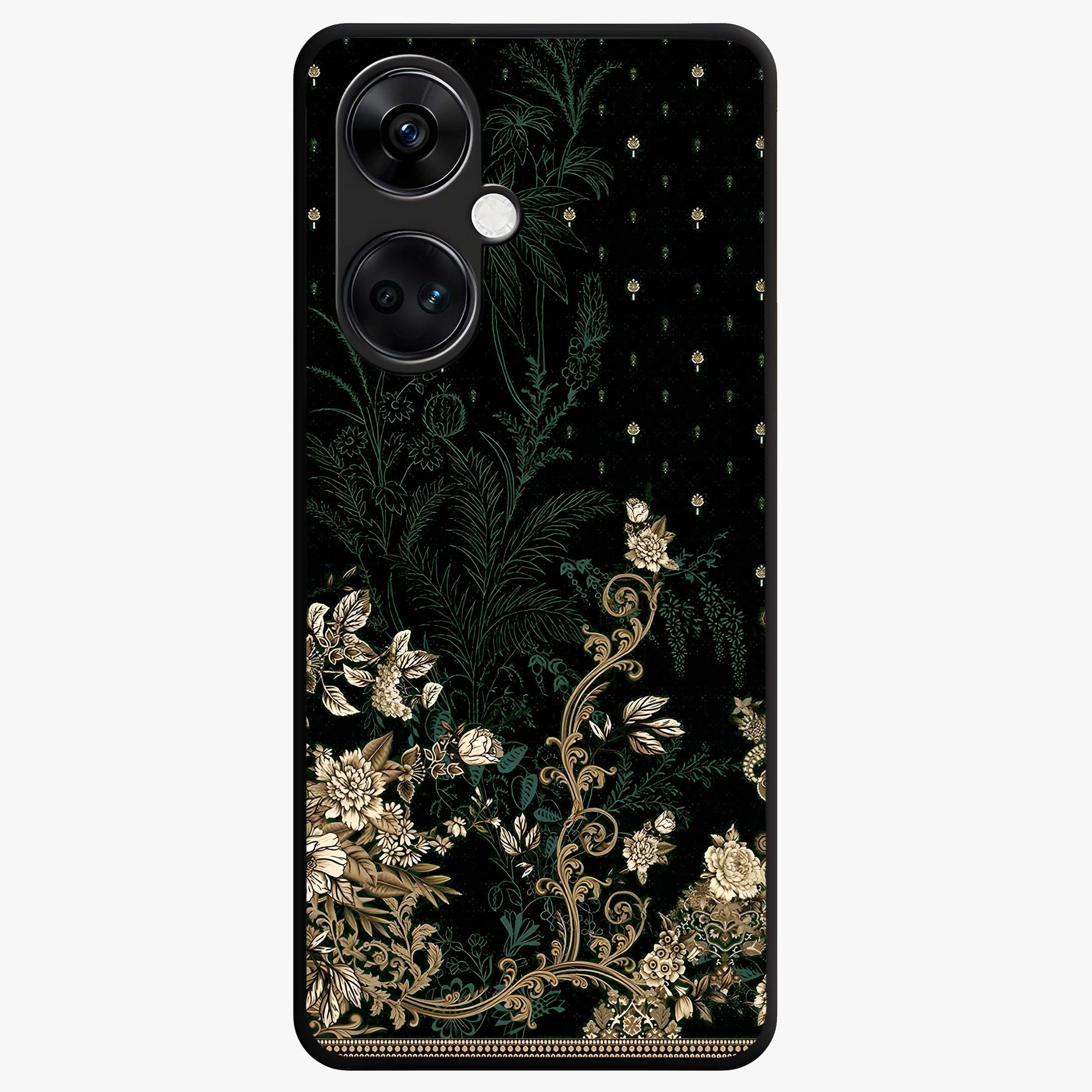 Regal Botanical Tapestry Glass Case for 1+Nord CE 3 luxurious front view featuring intricate botanical tapestry artwork