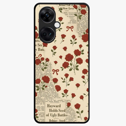 Retro Rose Journal Glass Case for 1+Nord CE 3 elegant front view featuring vintage rose artwork with journal aesthetic