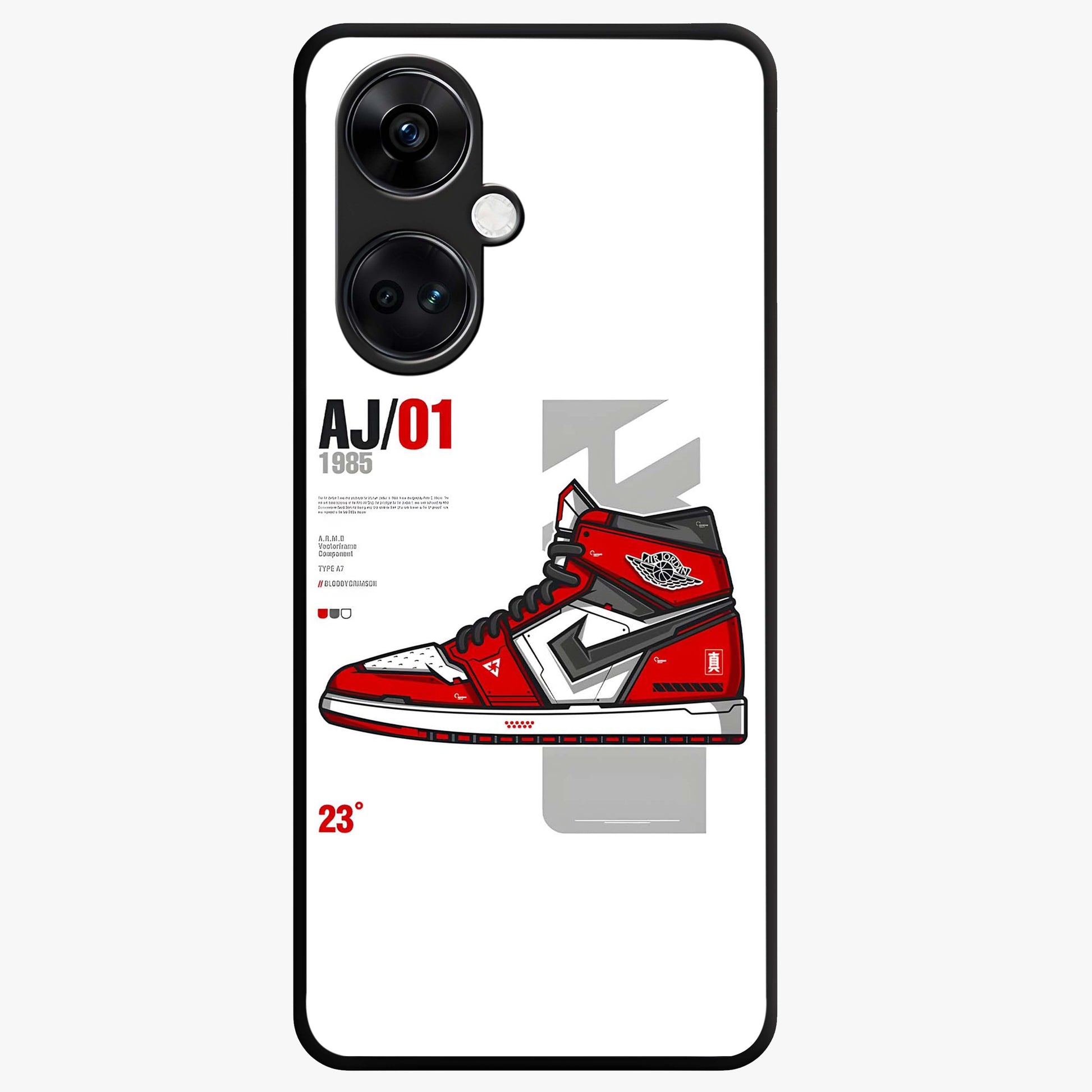 Retro Sneaker Blueprint Glass Case for 1+Nord CE 3 bold front view featuring sneaker blueprint style artwork