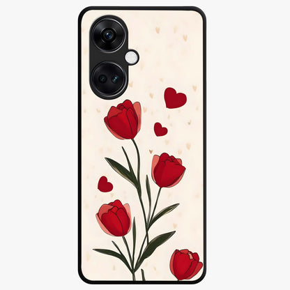 Romantic Tulip Hearts Glass Case for 1+Nord CE 3 sweet front view featuring tulip floral artwork with heart accents