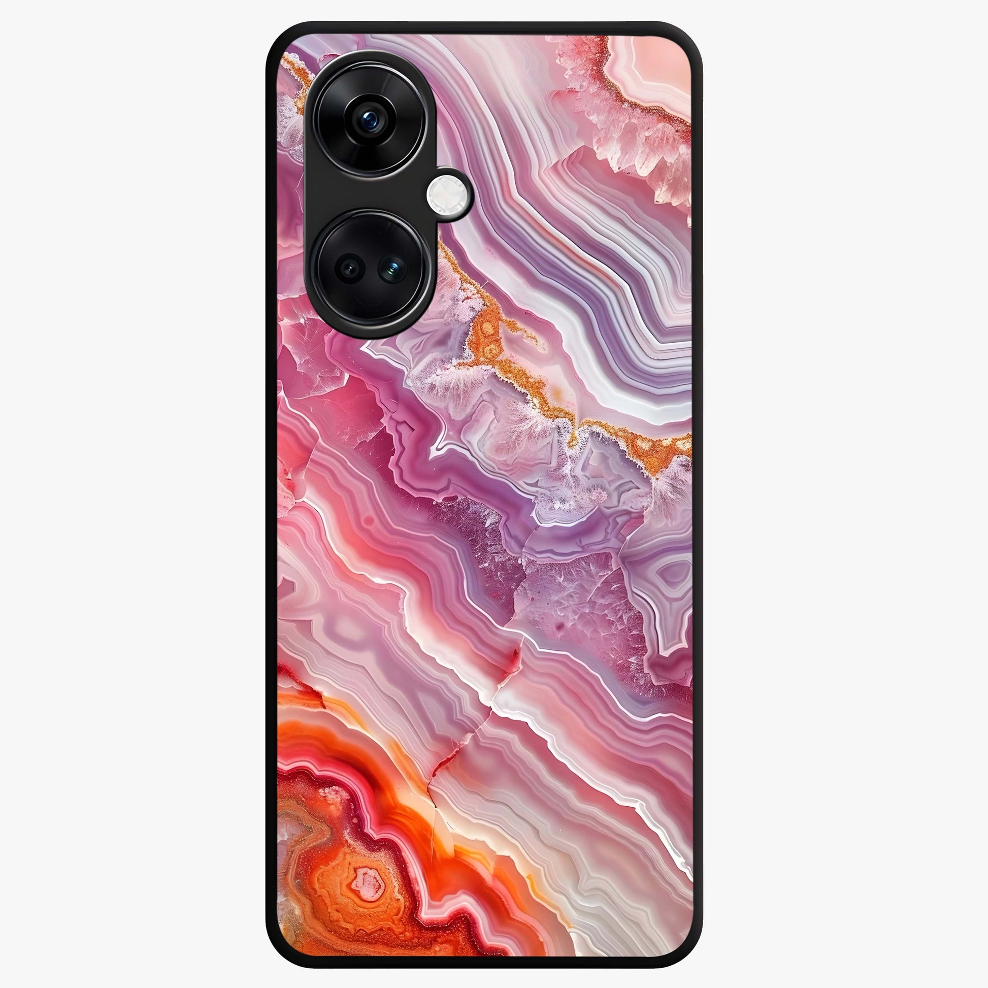 Rose Quartz Marble Glass Case for 1+Nord CE 3 elegant front view featuring soft pink marble texture artwork