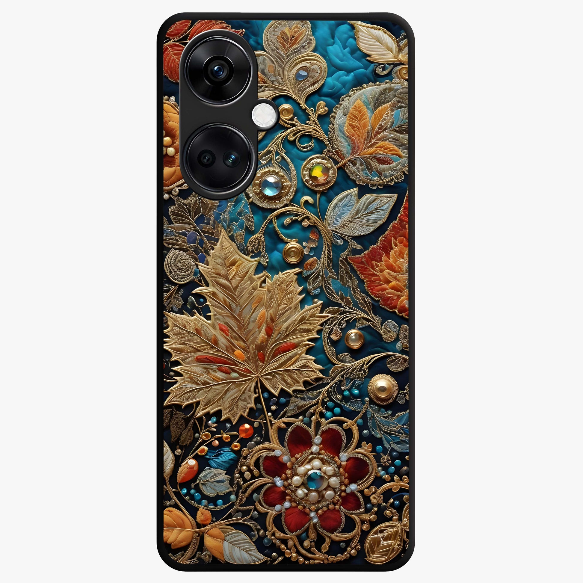 Royal Jewel Garden Glass Case for 1+Nord Ce 3 luxurious front view featuring ornate floral artwork with jewel accents