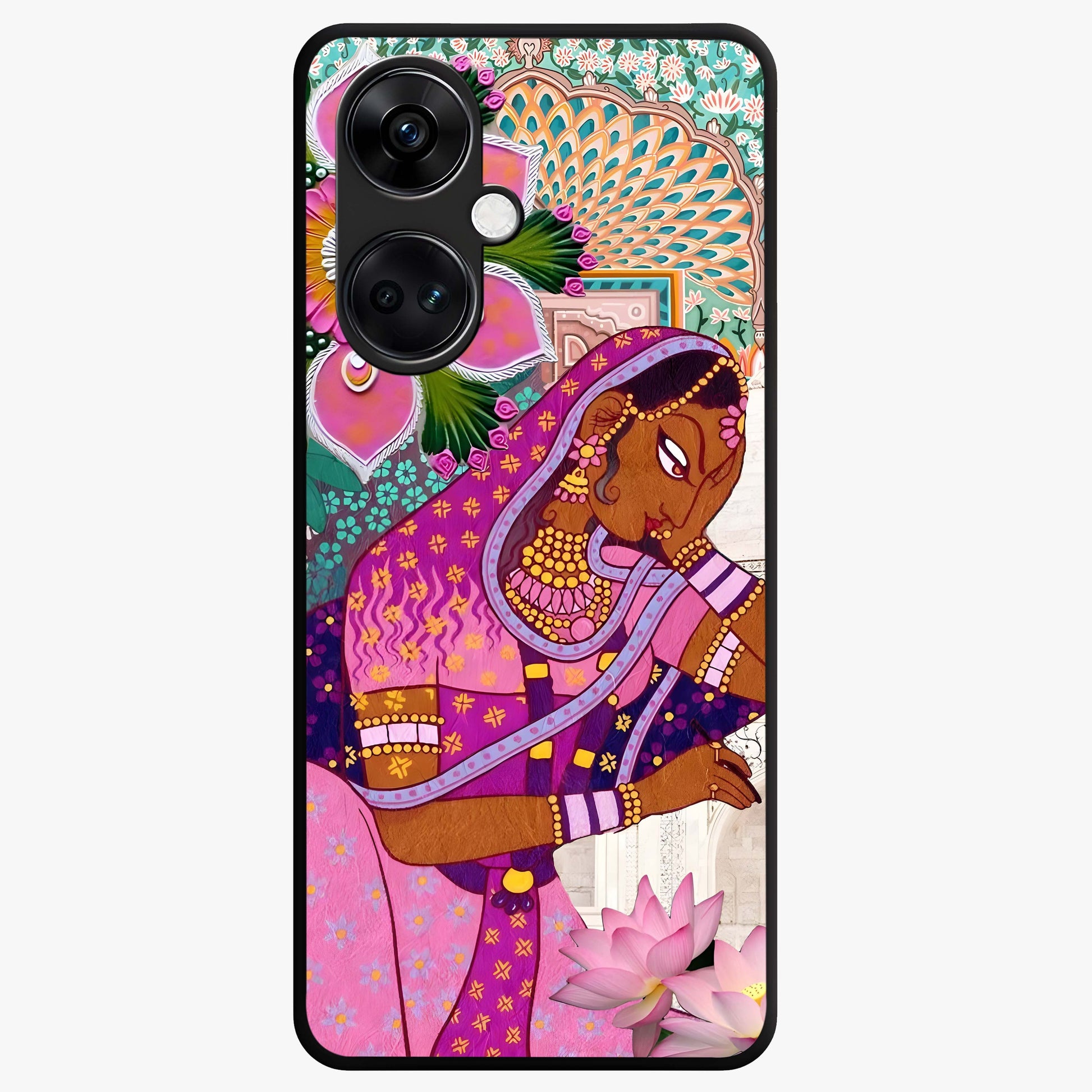 Royal Lotus Muse Glass Case for 1+Nord CE 3 graceful front view featuring lotus artwork with regal detailing