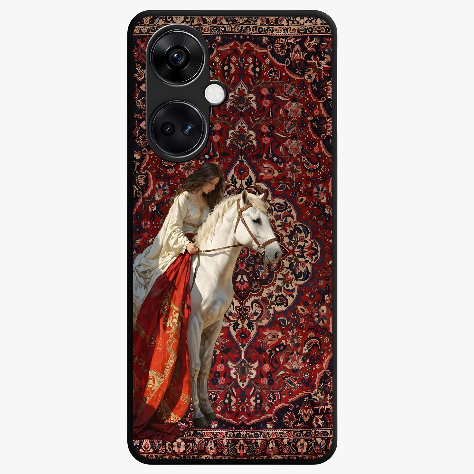 Royal Ride Rug Glass Case for 1+Nord Ce 3 bold front view featuring intricate rug inspired artwork with riding theme