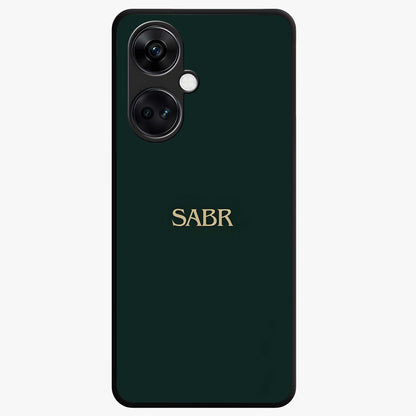 Sabr Minimal Patience Glass Case for 1+Nord CE 3 clean front view featuring minimalist typography artwork