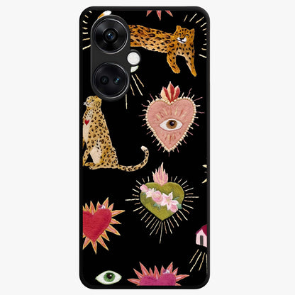 Sacred Jungle Heart Glass Case for 1+Nord Ce 3 vibrant front view featuring jungle inspired artwork with symbolic heart accents