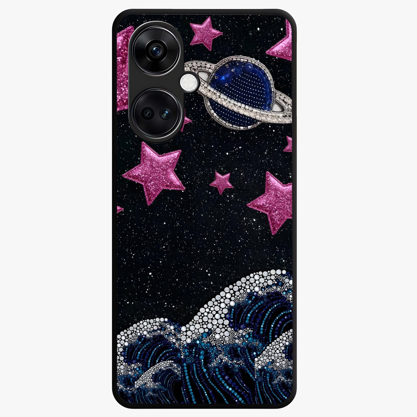 Saturn Pink Storm Glass Case for 1+Nord CE 3 bold front view featuring cosmic Saturn artwork in vibrant pink tones