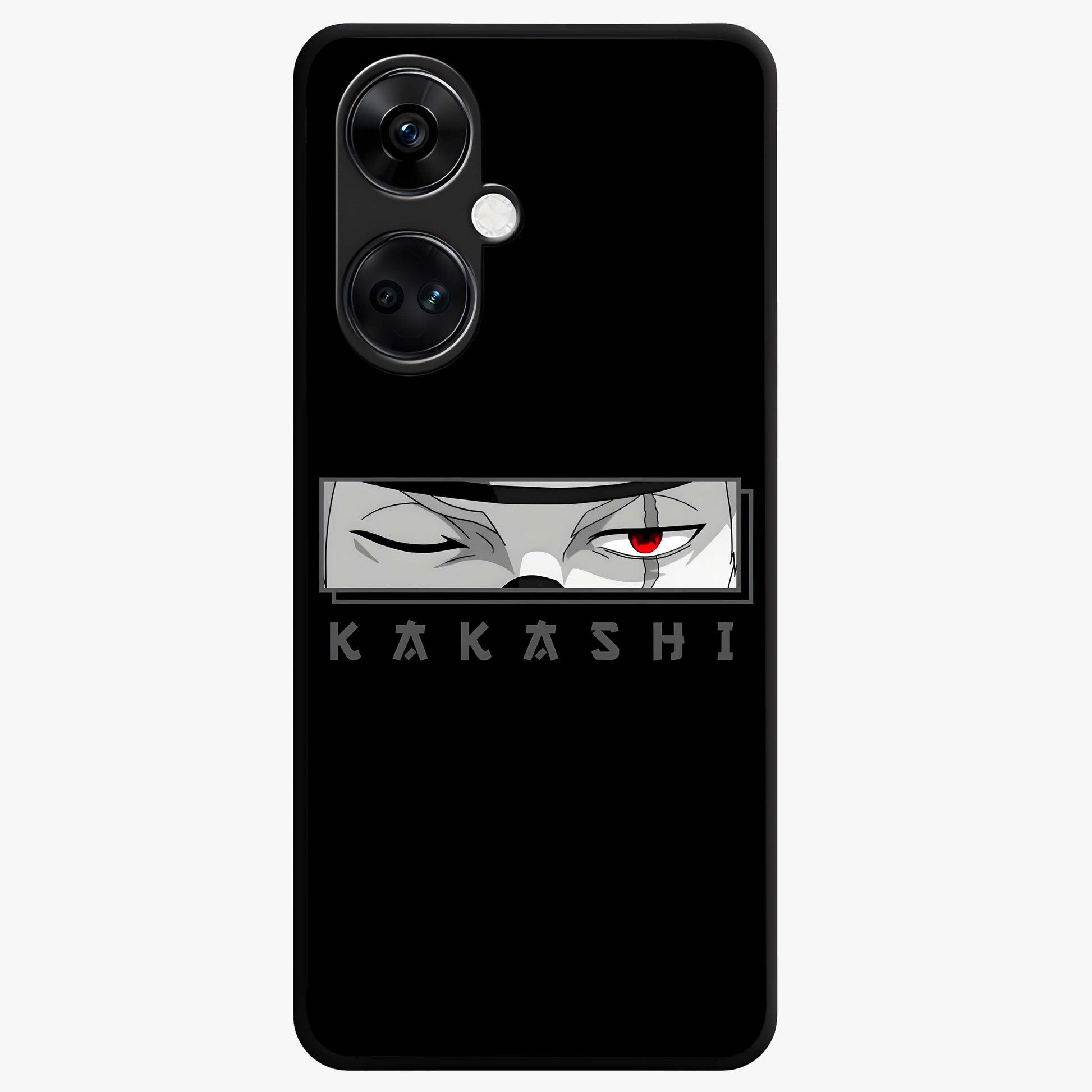 Scarlet Ninja Gaze Glass Case for 1+Nord Ce 3 striking front view featuring ninja inspired artwork in crimson tones