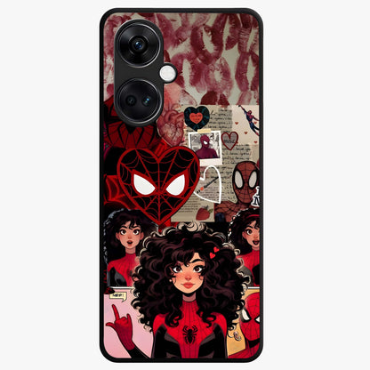 Spider Love Story Glass Case for 1+Nord CE 3 bold front view featuring superhero inspired romantic artwork