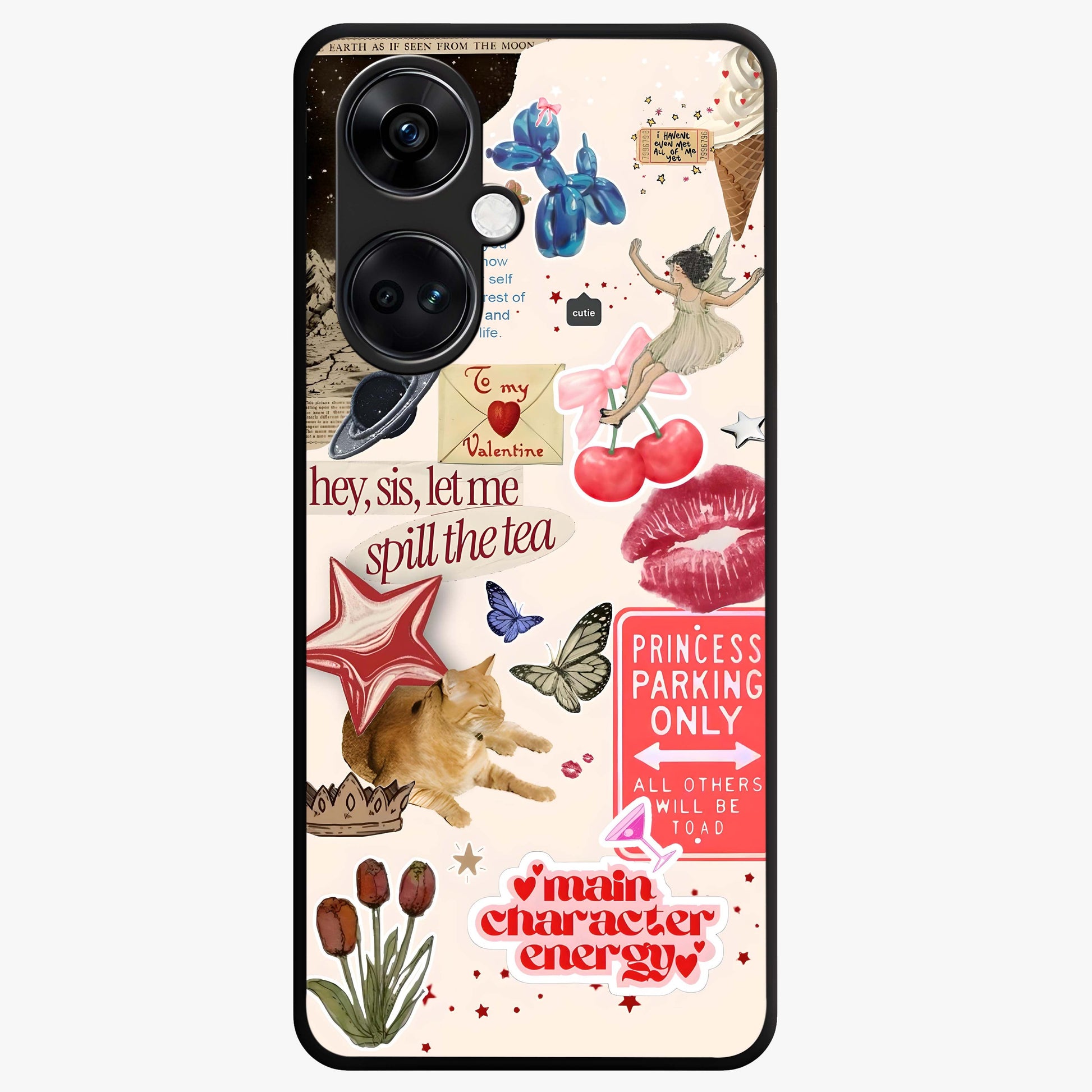 Spill the Tea Retro Collage Glass Case for 1+Nord CE 3 playful front view featuring vintage style collage artwork