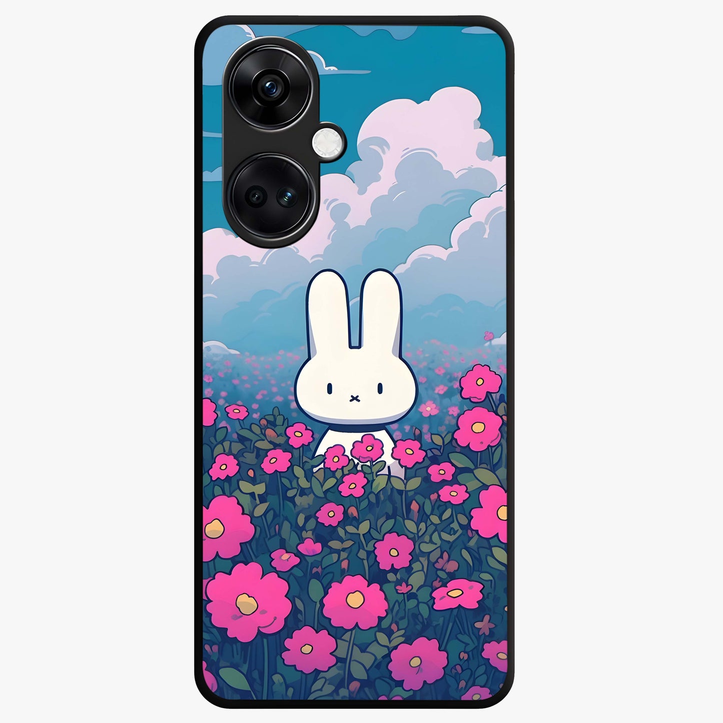 Springtime Blossom Bunny Glass Case for 1+Nord CE 3 adorable front view featuring bunny artwork with spring floral accents