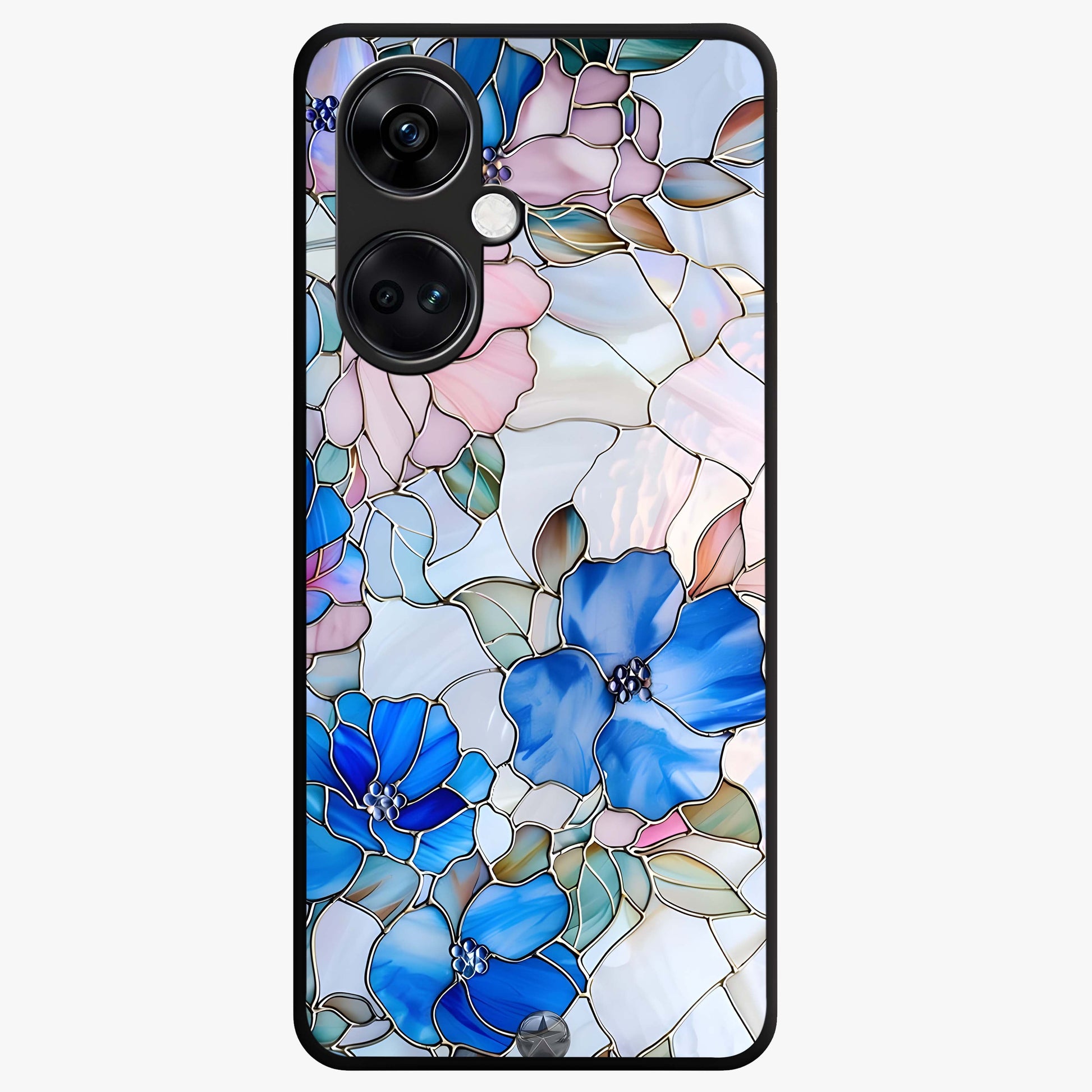 Stained Blue Floral Glass Case for 1+Nord Ce 3 elegant front view featuring blue stained glass inspired floral artwork
