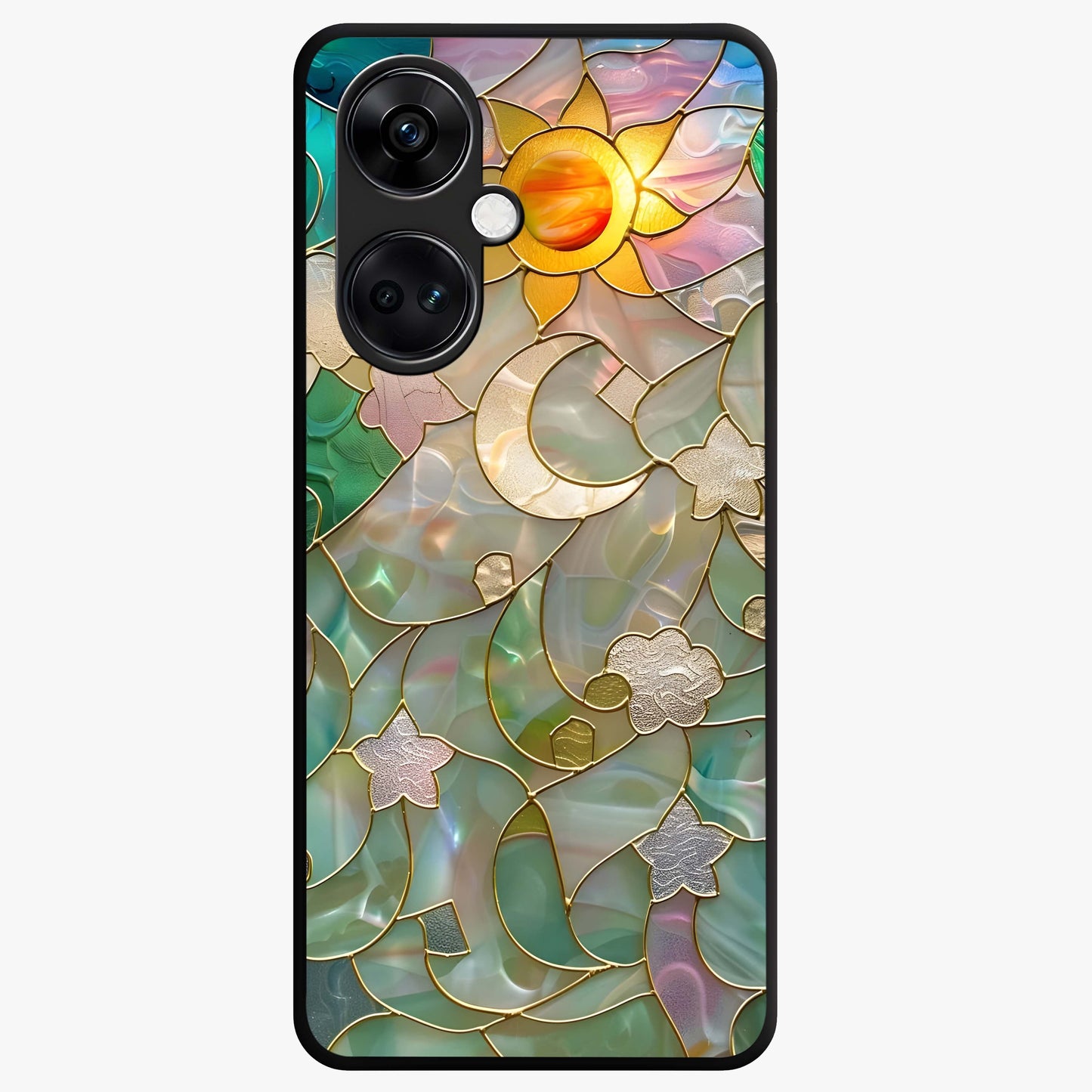 Stained Sunrise Glow Glass Case for 1+Nord CE 3 radiant front view featuring sunrise inspired stained glass artwork