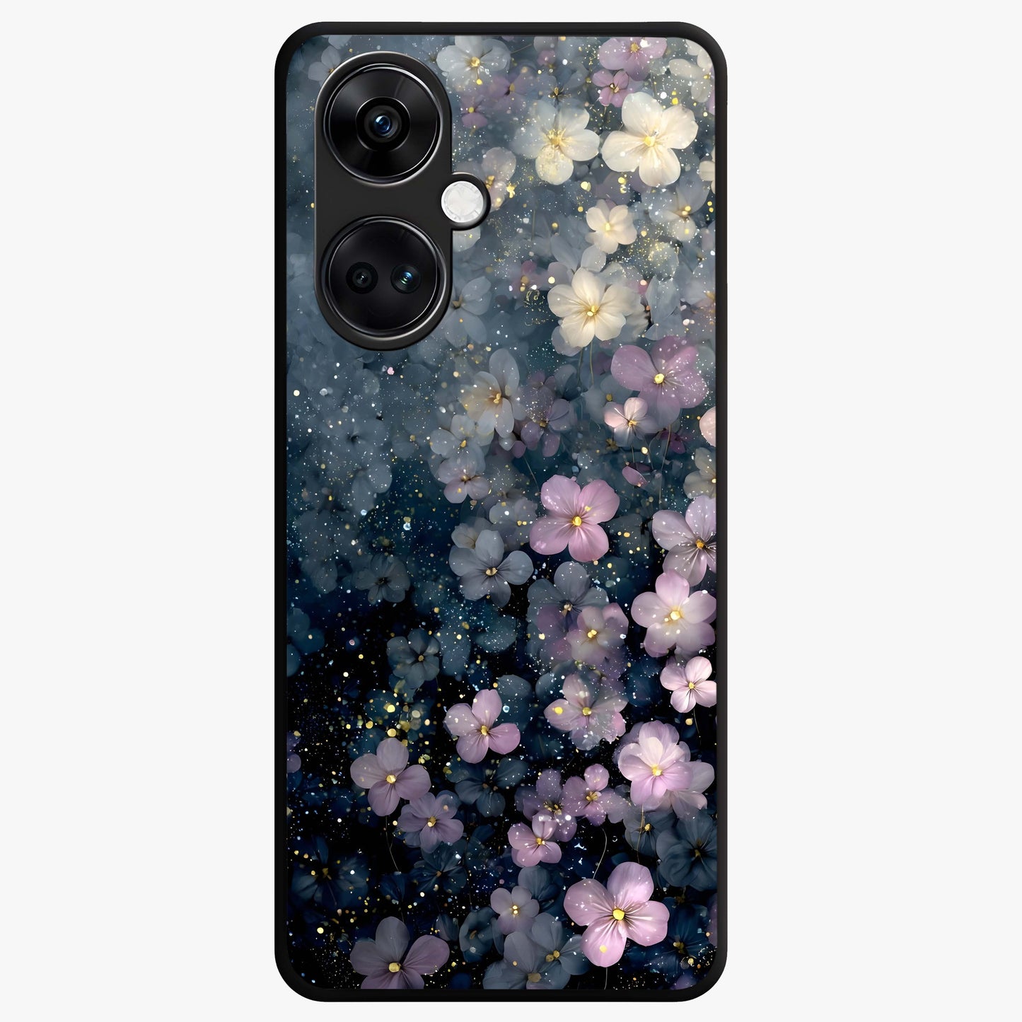 Starlit Blossom Dreams Glass Case for 1+Nord CE 3 dreamy front view featuring floral artwork under sparkling night sky