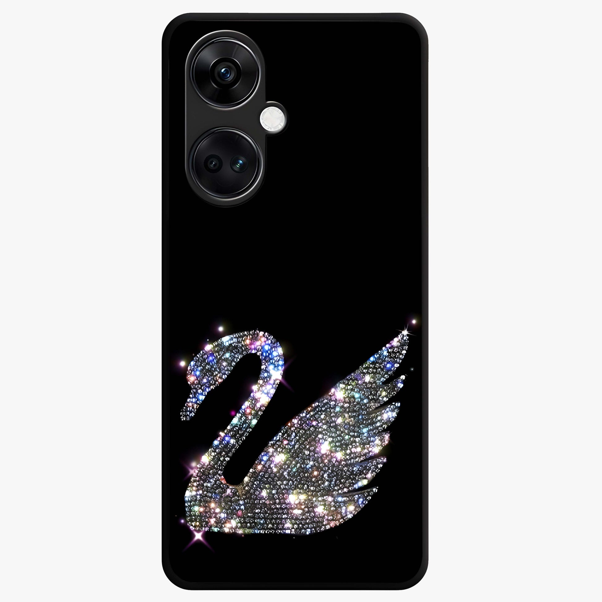 Starlit Swan Grace Glass Case for 1+Nord CE 3 graceful front view featuring swan artwork under shimmering night sky