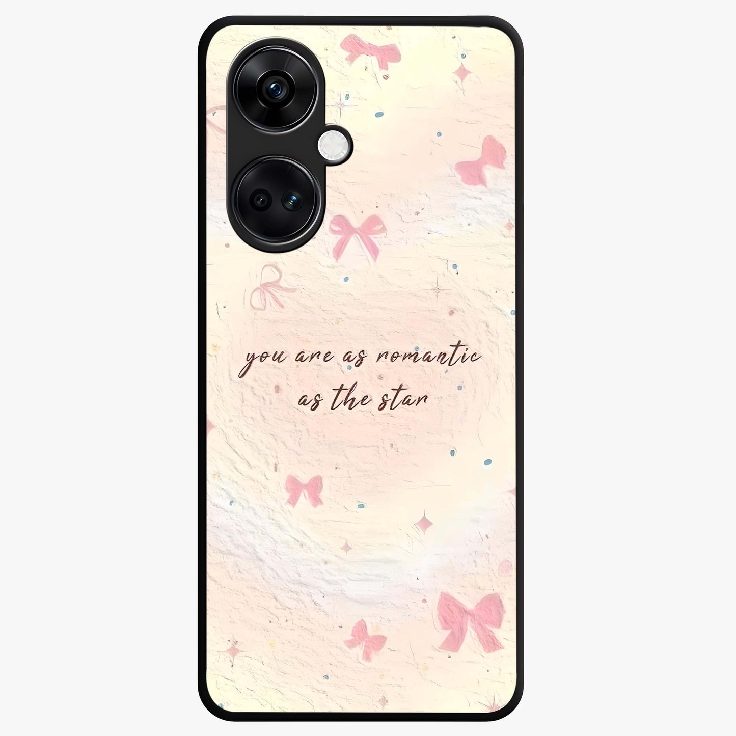 Starry Bow Romance Glass Case for 1+Nord CE 3 charming front view featuring romantic bow artwork with star accents