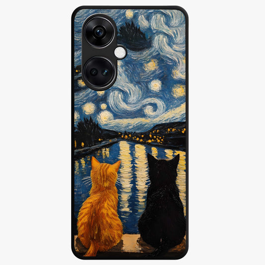 Starry River Cats Glass Case for 1+Nord Ce 3 artistic front view featuring cats by a glowing river under starry sky