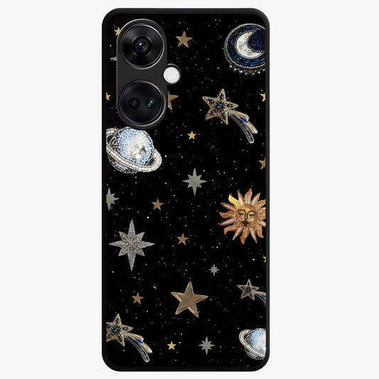 Stars and Planets Brooches Glass Case for 1+Nord Ce 3 elegant front view featuring celestial jewelry inspired artwork